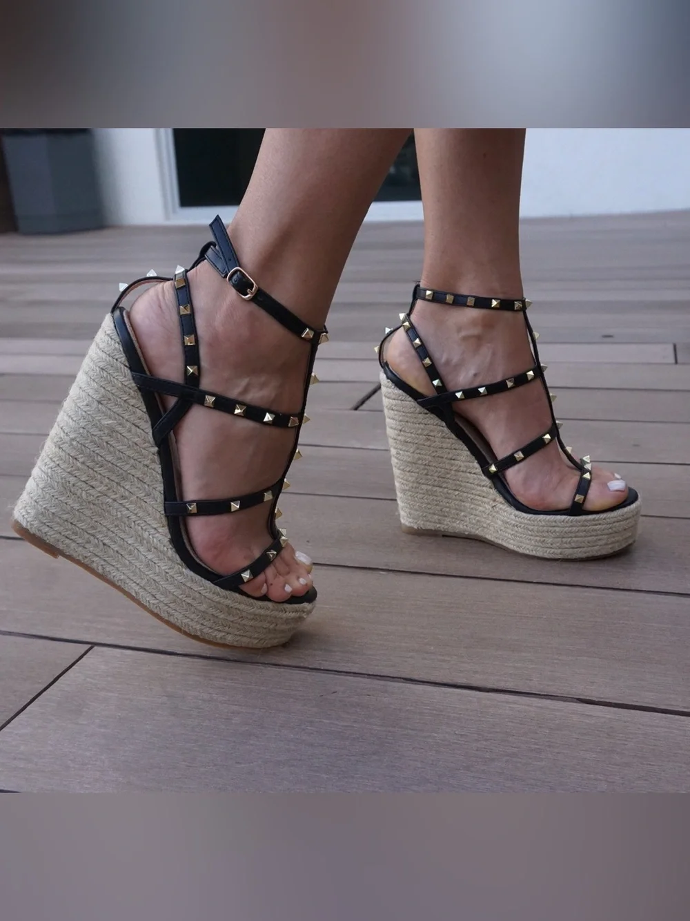 Studded Black T-Strap Espadrille Wedge Sandals